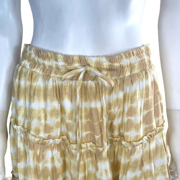 Akaiv Women’s Large Yellow Ruched Tiered Mini Skirt Drawstring BOHO SOHO - Picture 2 of 5